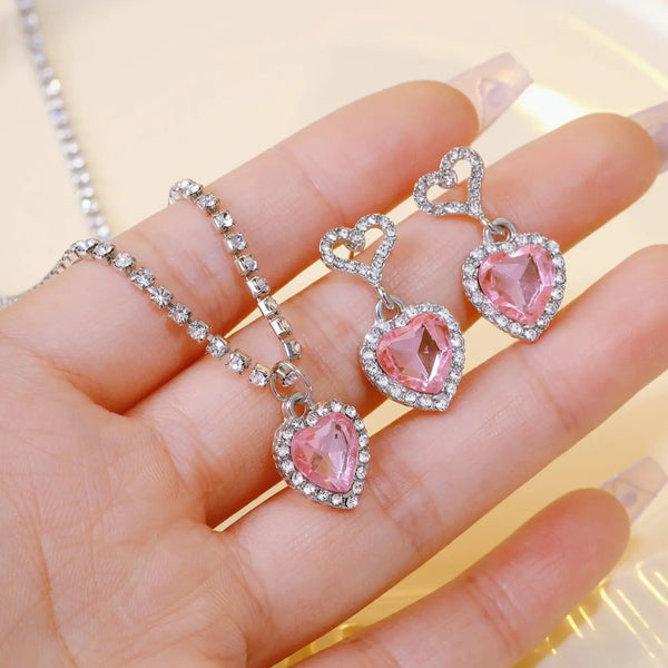 3Pcs Set Of Super Fairy Lovely Lady Jewelry Set Ins Style Pink Zircon Earrings Necklace Set