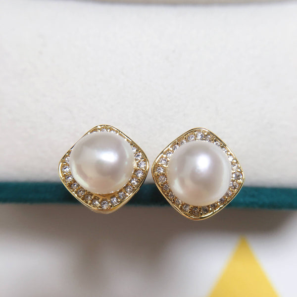 Square Pearl Earrings For Women Real Freshwater Pearl 925 Silver And Glod Plating Stud Earring