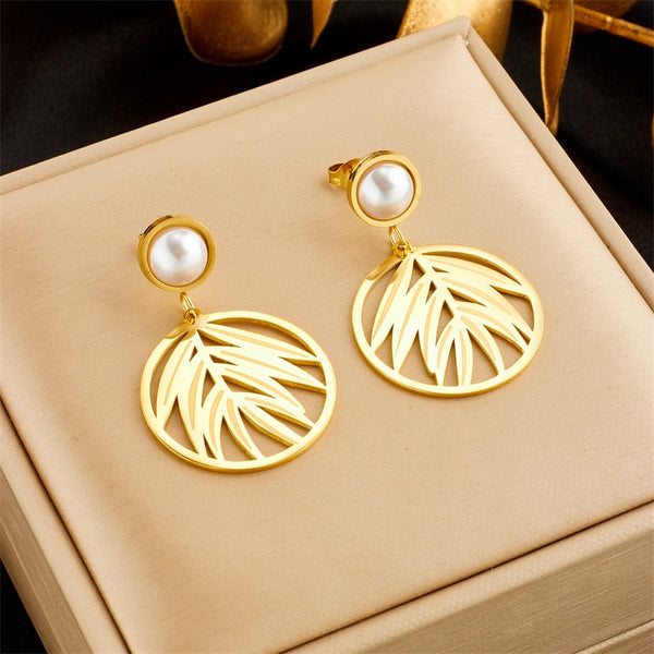 316L Stainless Steel Gold Color Leaf Drop Earrings For Women