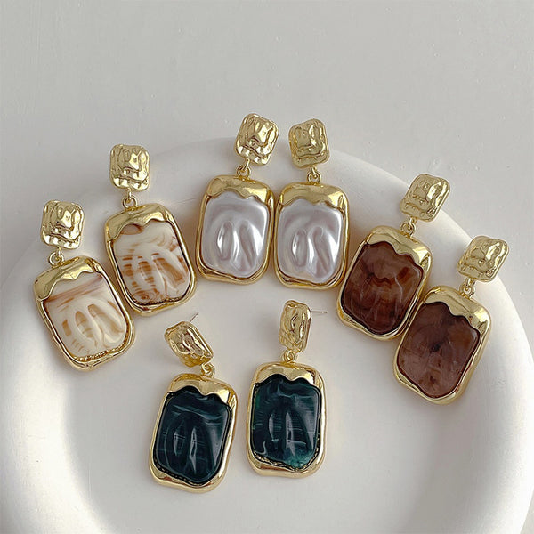 Gold Plated Green Resin Square Pendant Stud Earrings For Women