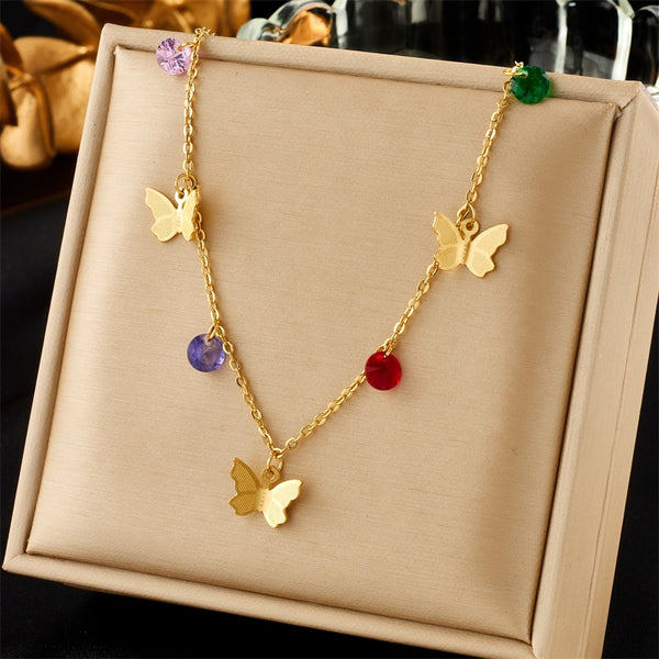 316L Stainless Steel Colorful Stone Butterfly Pendant Necklace For Women