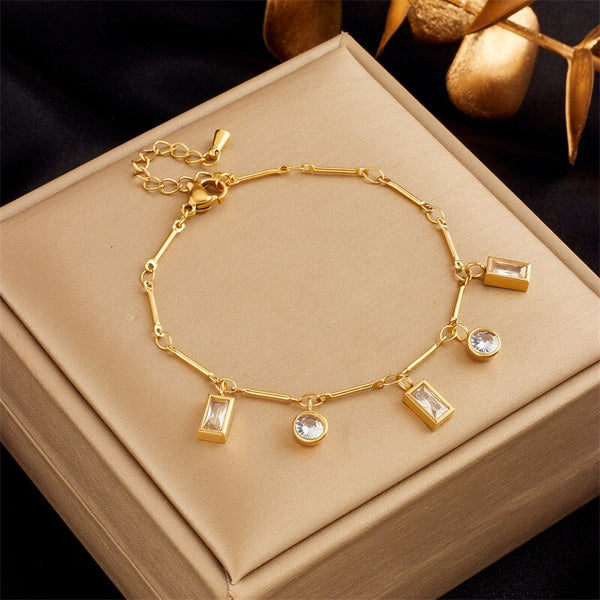 Pulsera de acero inoxidable 316L con dije geométrico cuadrado y redondo de circonita blanca para mujer
