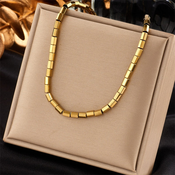 Collar de bambú poligonal de acero inoxidable 316L color dorado para mujer