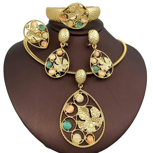 Conjunto de collar, pendientes, brazalete y anillo de ópalo de hoja de colores de lujo, regalo de boda para mujer