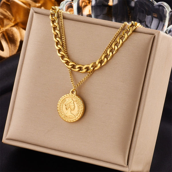 316L Stainless Steel Coin Portrait Pendant Necklace For Women