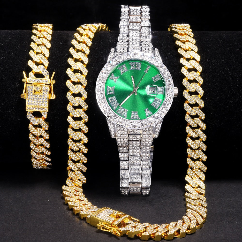 NEW Necklace+Watch+Bracelet Hip Hop Cuban Chain