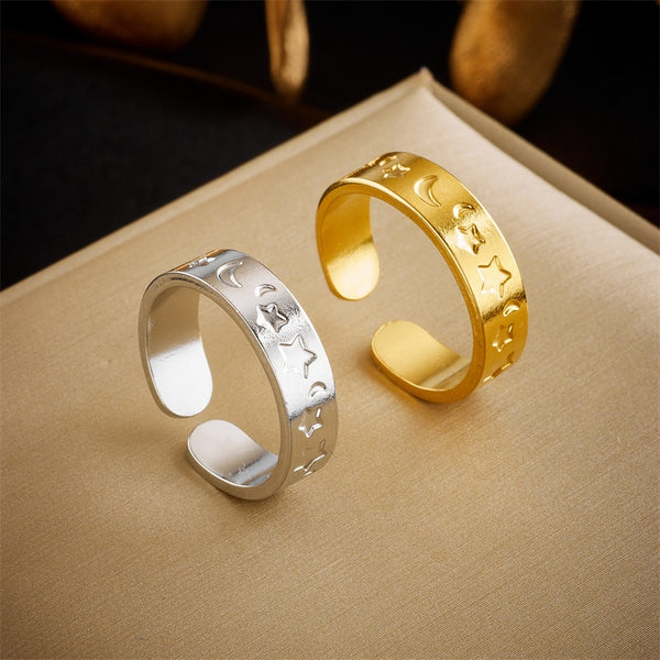 316L Stainless Steel Moon Star Relief Open Ring For Women Men