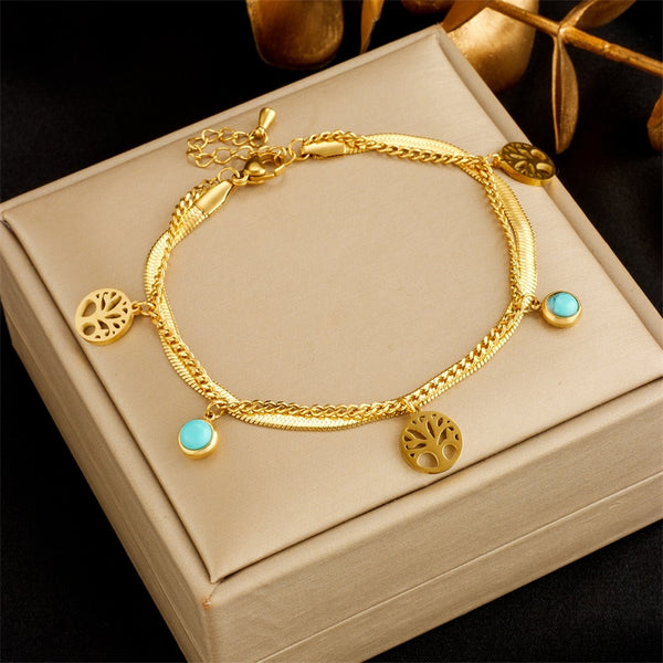 316L Stainless Steel Multilayer Round Tree Charm Bracelet For Women