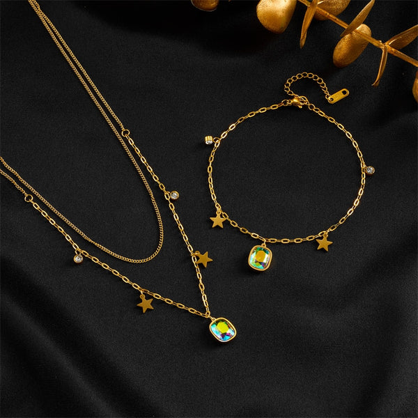 316L Stainless Steel Square Colorful Crystal Pentagram Necklace Anklet For Women