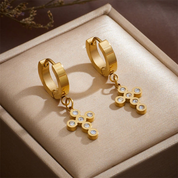 Pendientes de aro de acero inoxidable 316L con circonitas cruzadas para mujer
