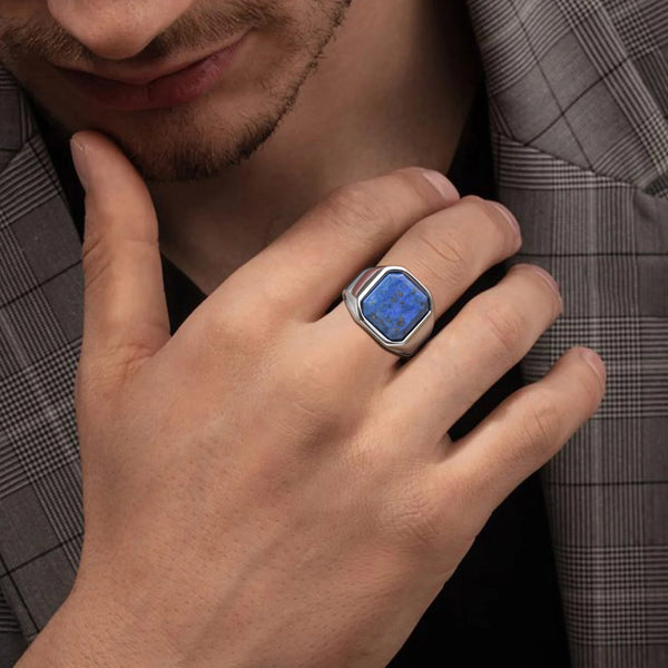 Rock Punk Geometric Square Natural Stone Signet Rings for Men