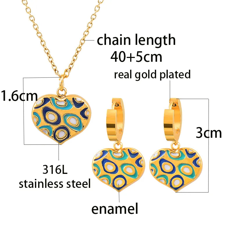Stainless Steel Gold Silver Color Heart Pendant Necklace Hoop Earrings Jewelry Set