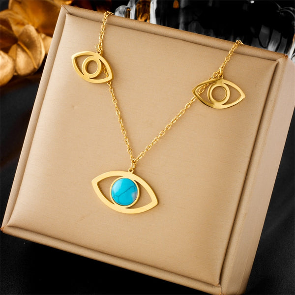 316L Stainless Steel Big Eyes Blue Stone Pendant Necklace For Women