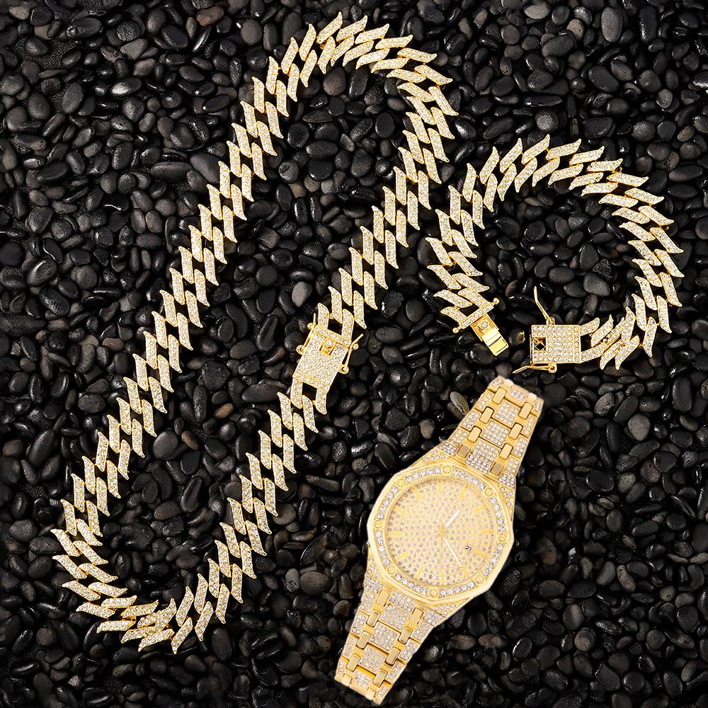 HipHop Luxury Iced Out Full Zircon Inlay Octagon Watch+16MM Cuba Necklace