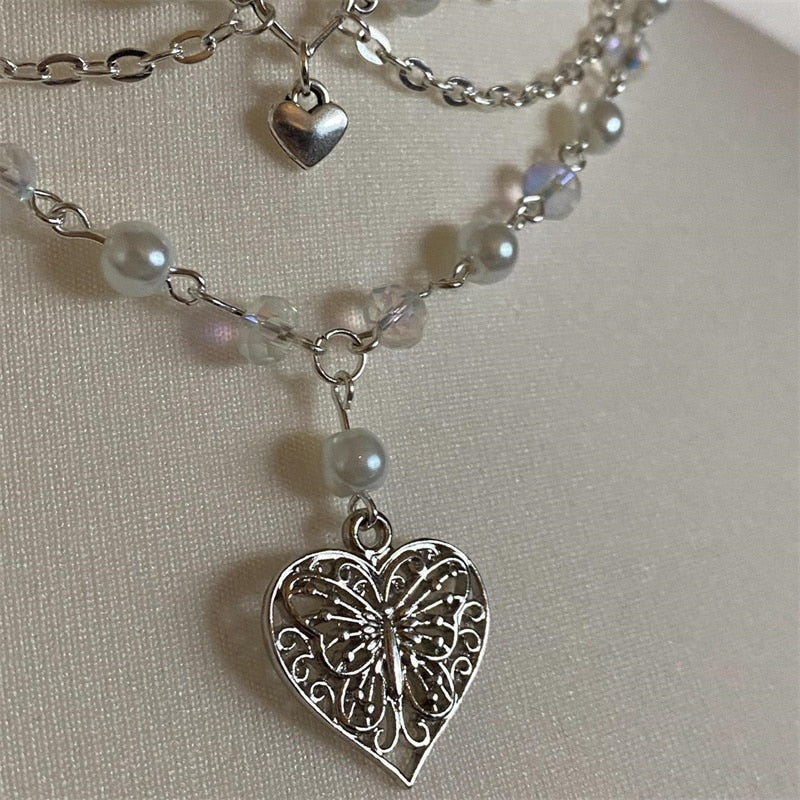 Pearls Butterfly Heart Fairycore Choker Necklace