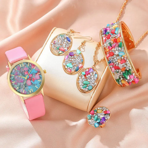 Juego de 6 relojes de lujo para mujer, anillos, collares, pendientes, pulseras y relojes.