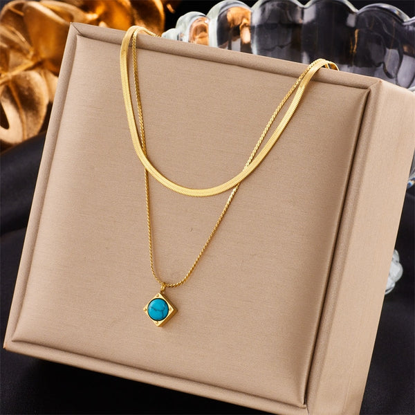 316L Stainless Steel Gold Color 2in1 Green Stone Pendant Necklace For Women