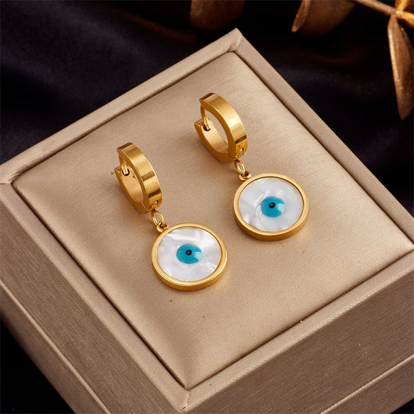 316L Stainless Steel Pearl Oyster Blue Eyes Hoop Earrings For Women