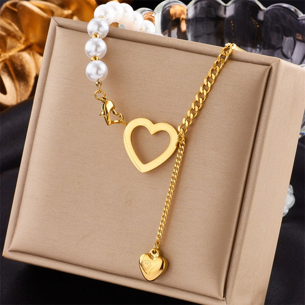 316L Stainless Steel Pearl Cutout Heart Long Pendant Necklace For Women