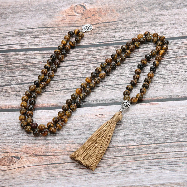 Elegante collar de 108 cuentas de mala de ojo de tigre amarillo de 8 mm: perfecto para la meditación.
