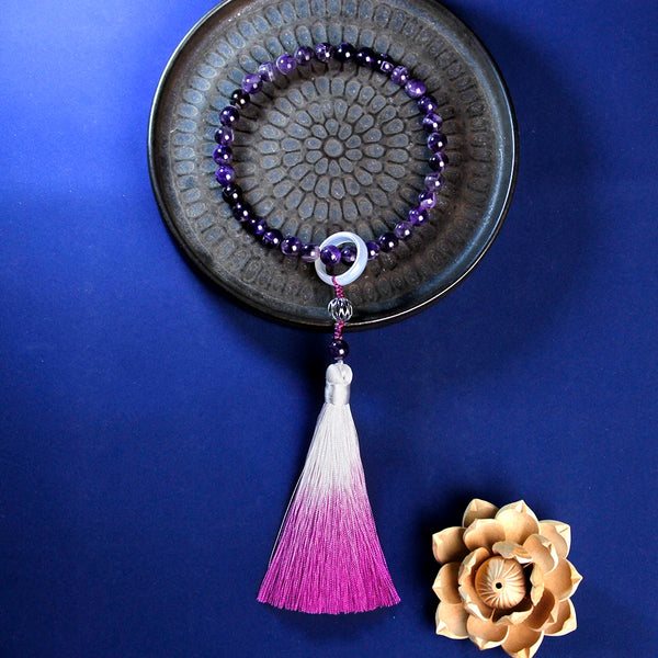 Rosario 33, oración católica, pulsera de amatista natural de 8 mm con borlas