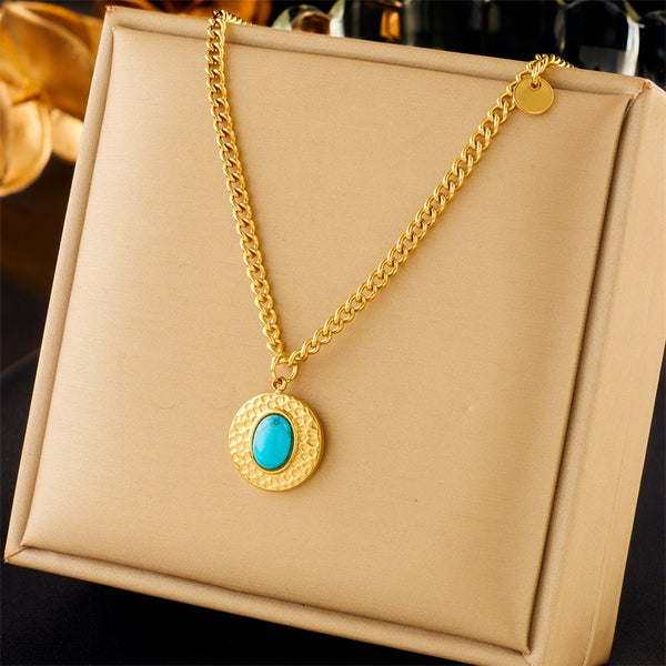 316L Stainless Steel Round Honeycomb Green Stone Pendant Necklace For Women