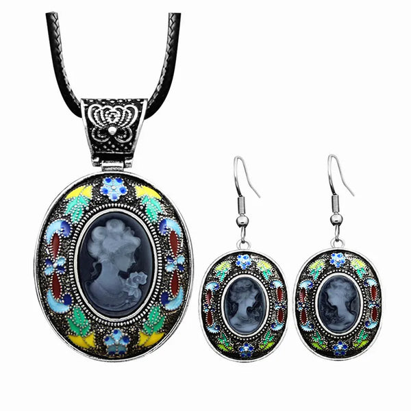 Conjuntos de joyas vintage Lady Queen Cameo, collar y pendientes con cadena de cuero y camafeo.