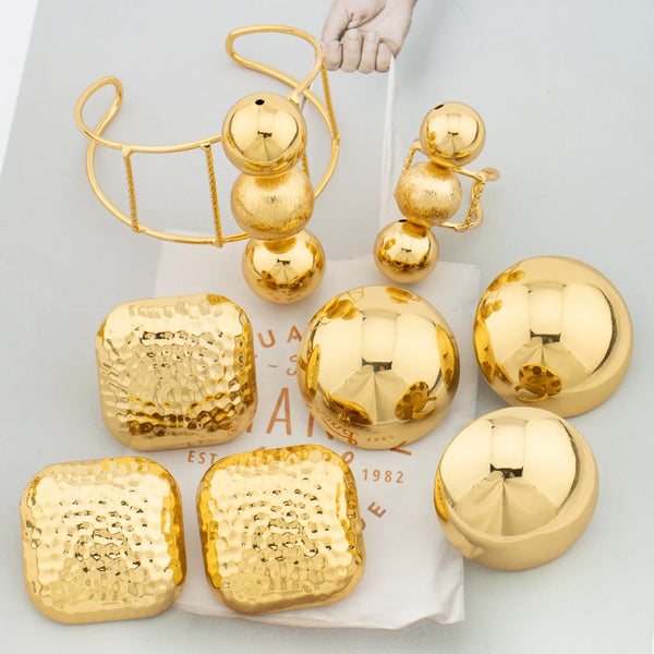 Gold Plated Jewelry Set African Dubai Luxury Big Earrings Bead Bangle for Women