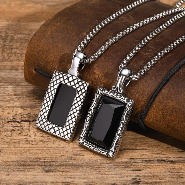 Square Black Stone Necklaces for Men, Retro Stainless Steel Minimalist Geometric Pendant