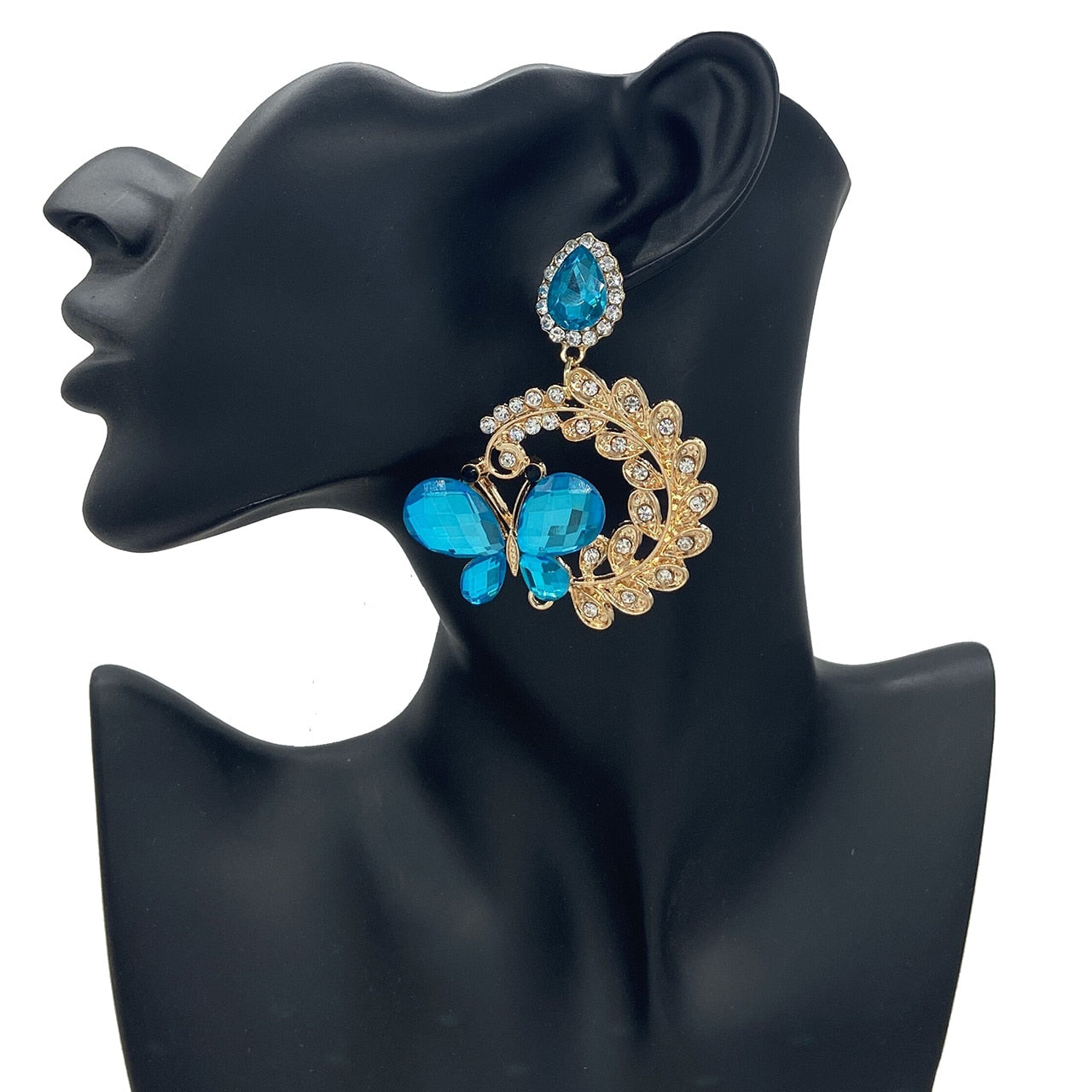 Blue Butterfly Crystal Earrings Statement Alloy Pendant Rhinestones Oorbellen For Women