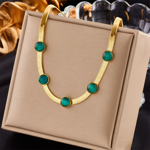 316L Stainless Steel Round Green Green Stone Necklace For Women