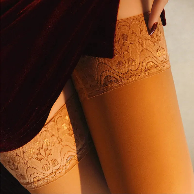 120D Velvet Thigh High Medias De Mujer Sexy Lace Top Silicone Hold Up Stockings Women's