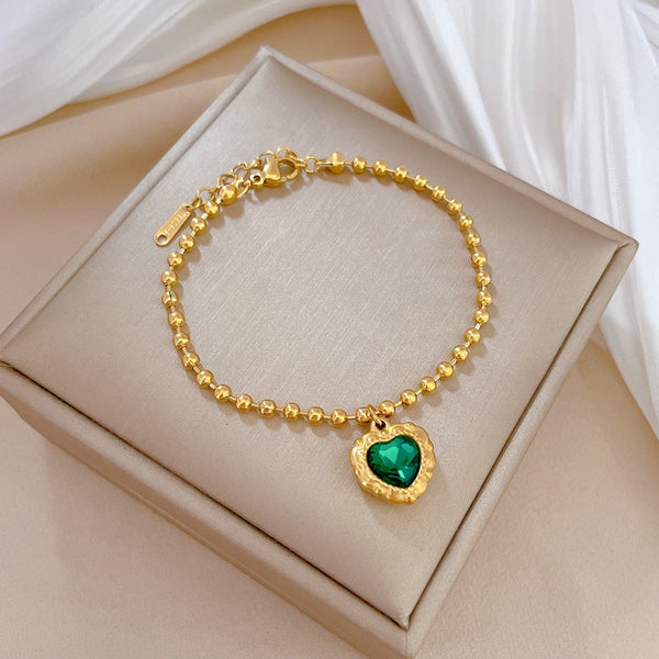 Pulsera chapada en oro con colgante de cadena de cuentas de circonita y corazón simple para mujer