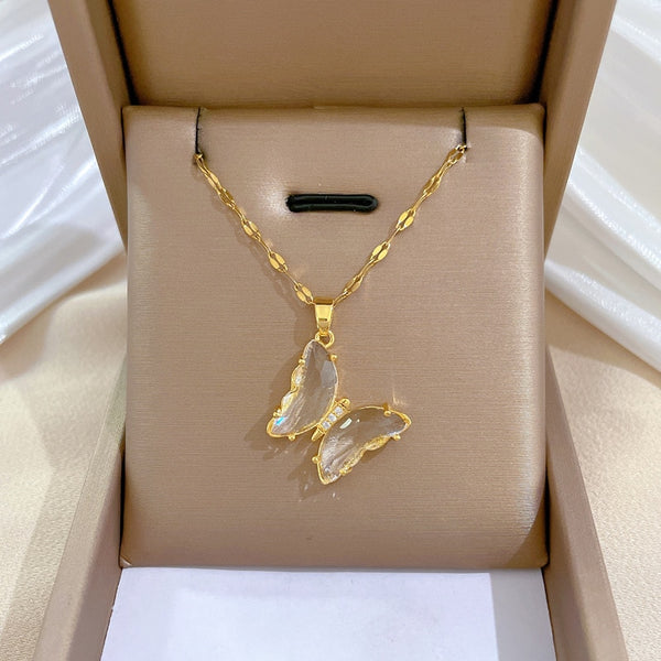 316L Stainless Steel Butterfly Crystal Pendant Necklace For Women
