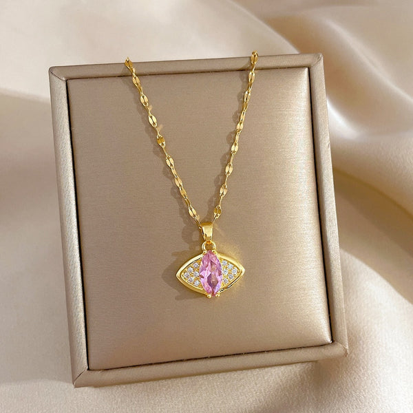 316L Stainless Steel Pink Zircon Eye Shape Pendant Necklace For Women