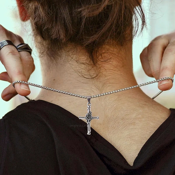 Rose Cross Necklace for Men,Stainless Steel Floral Cross Necklace