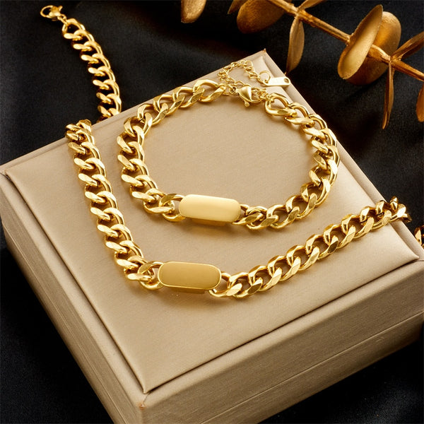 316L Stainless Steel Gold Silver Color Geometric Chain Necklace Bracelet For Women