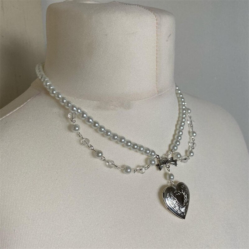 Victorian Romantic Pearl Locket Beaded Chain Layered Necklace