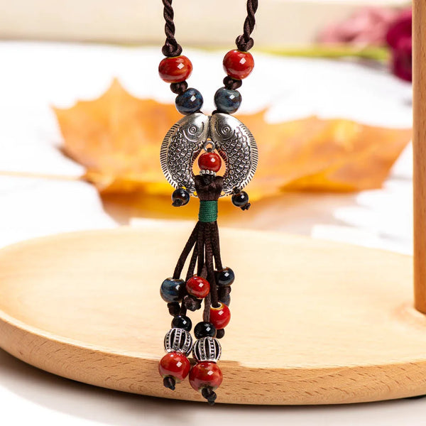 Trendy Vintage Ethnic Ceramic Bead Fishes Necklace