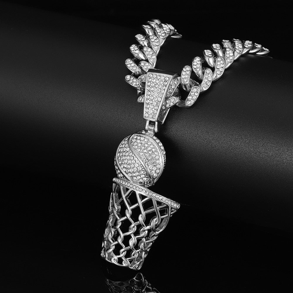 Hip Hop Stainless Steel Basketball Hoop Shape Pendant Basket Fade Resistant Necklace