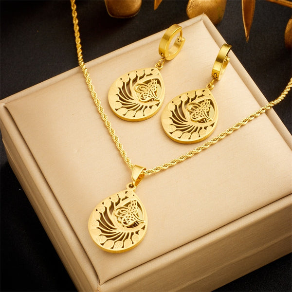 316L Stainless Steel Water Drop Shaped Leaves Charm Necklace Earrings For Women