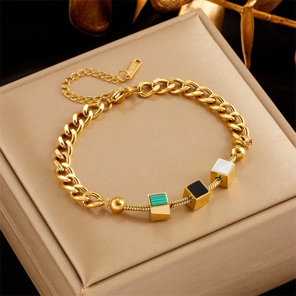 316L Stainless Steel Square Cube Charm Bracelet For Women