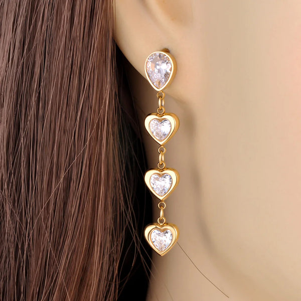 Pendientes colgantes coloridos de acero inoxidable con circonita cúbica en forma de corazón, a la moda, resistentes al agua