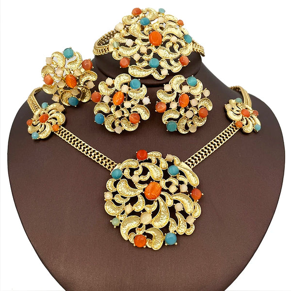 Conjunto de collar, pendientes y anillo de lujo con ópalo italiano de colores para mujer