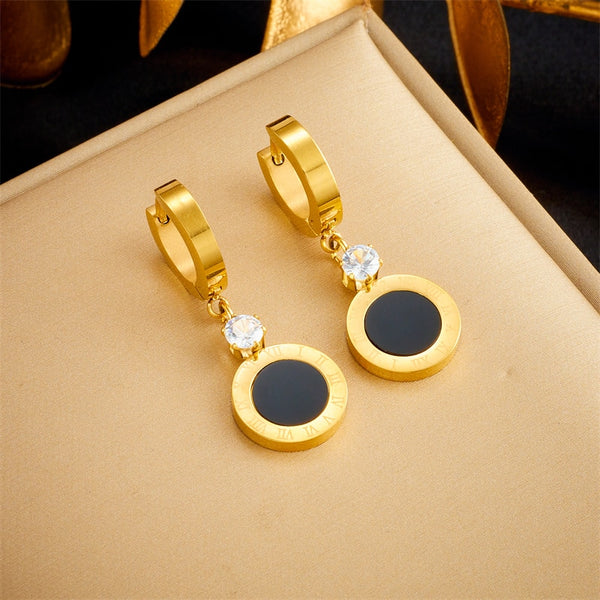 316L Stainless Steel Round Roman Numeral Pendant Earrings For Women
