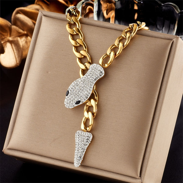 316L Stainless Steel Full Rhinestone Snake Pendant Necklace For Women