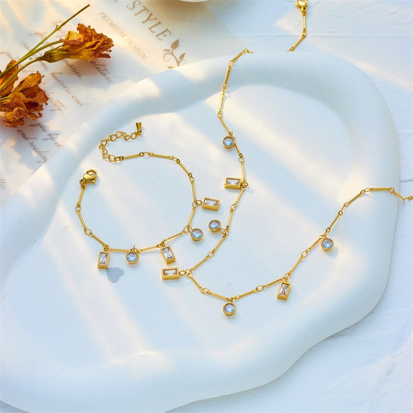 316L Stainless Steel Geometric Square Round White Zircon Crystal Necklace Bracelet Jewelry Set