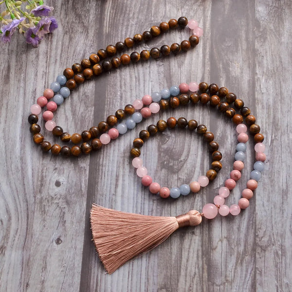 Collar mala de 8 mm con cuentas de aguamarina, cuarzo rosa, ojo de tigre amarillo, 108 cuentas, oración de meditación, conjunto de japamala