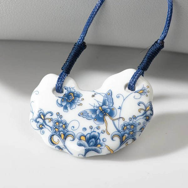 Blue And White Porcelain Necklace Antique Hand Woven Butterfly Pendant