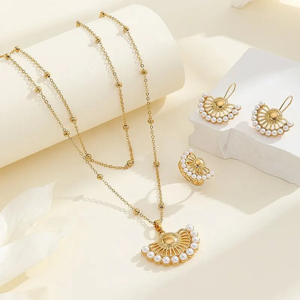Juego de 3 piezas de joyería de perlas redondas huecas con forma de abanico